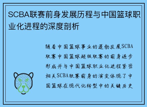 SCBA联赛前身发展历程与中国篮球职业化进程的深度剖析